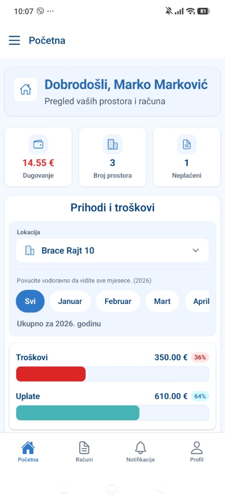 Mobilna aplikacija E-Ulaz — početni ekran: prostori, trenutno dugovanje i izmirenost računa.